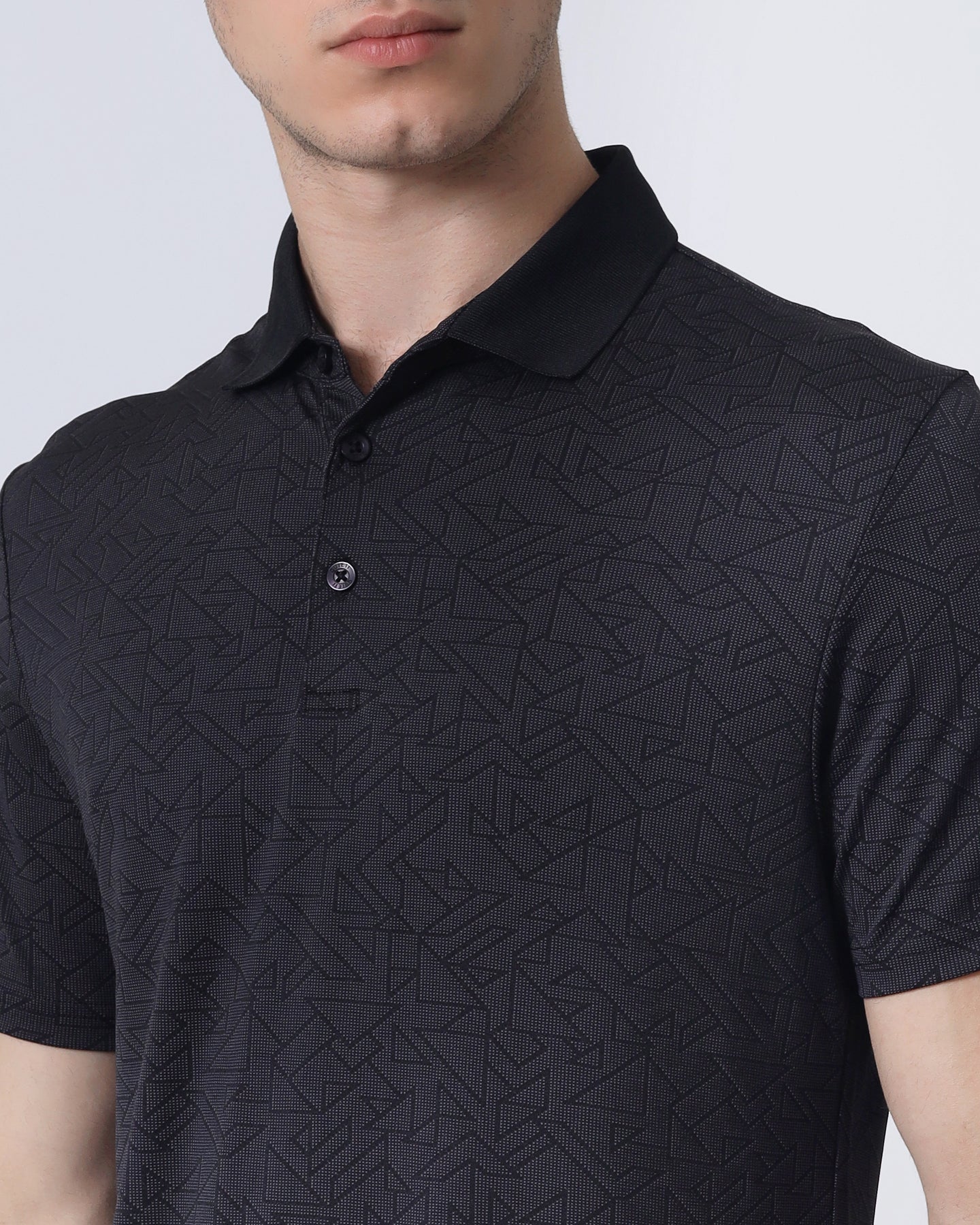 Quieti Performance Regular Fit, Black Geo Jacquard Knit, 3 button Short Sleeve Polo